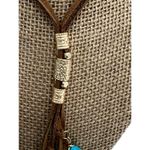 C.I.T.Y. Tassel Boho Necklace Long Brown Leather Faux Turquoise Gold Tone NEW Photo 1