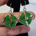 Silver Green Enamel Clover Drop Earrings New Photo 1