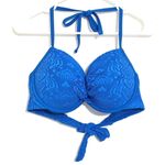 Aerie Twist Front Underwire Lace Overlay Halter Bikini Top Blue Size 36DD Photo 0