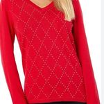 Tommy Hilfiger V-neck cherry red 100% cotton gold metal stud argyle long sleeve festive sweater Photo 2