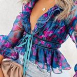 Dee Elly Vici Blue Purple Floral Tie Front Peplum Top Photo 0