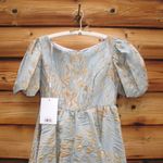 Mac Duggal  11608 Blue Brocade Puff Sleeve High Low Gown Dress Photo 7