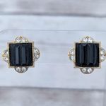 Vintage Earrings for Pierced Ears Dainty Black, Clear Gem, Gold Tone Black Photo 0