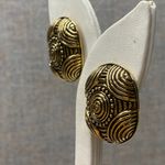 Unique Gold Tone Clip On Oval Earrings Tribal Design Geometric Textured Jewelry Photo 2