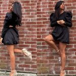 ZARA Black Puff Sleeve Side Cut Out Bubble Skirt Mini Dress Size Medium Photo 1