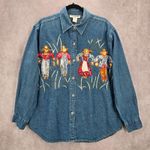 DressBarn Blue Embroidered Scarecrows VTG Button Y2K Cotton Denim Shirt L Large Photo 0