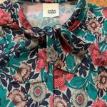 Vintage 80s Blouse Dark Floral Detail Bow High Tie Neck Blue Satin Long Sleeve Size 12 Photo 8