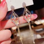 New Gold Color Long Crystal Tassel Dangle Earrings For Women Wedding Drop Earr Black Photo 1