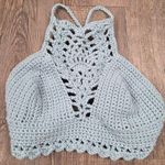 Handmade Crochet Women's Small Bralette Halter Cross Tie Back Top Blue/Gray Photo 0