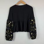 Anthropologie By Top Womens XS Black Gold Neale Sequin Peplum Hem Cropped Blouse Photo 2