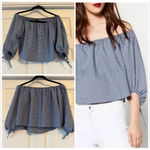 ZARA Women  Cropped Gingham Blouse XS Blue Black White Bow Sleeve Off Shoulder Photo 1