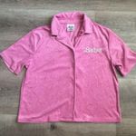Barbie Top Womens Terry Cloth Button Up Short Sleeve Crop Halloween Size S NWOT Pink Photo 0