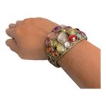 Multicolored Rhinestone Cabochon Hinged Brass Filigree Clamper Bangle Bracelet Gold Photo 4
