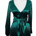 Lovers + Friends NWT Britt Romper Women’s Size XS Green Waist Tie Satin Photo 0