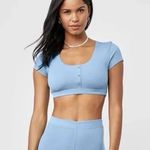 Alo Yoga Blissful Henley White Ribbed Scoop Neckline Short Sleeve Bra Crop Top S Photo 0