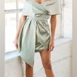 Lulus NWT  always celebrating SAGE GREEN SATIN OFF SHOULDER MINI DRESS Photo 0