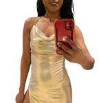 Dolls Kill Poster Girl gold iridescent cowlneck spaghetti strap formal gown Photo 1