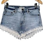 Free People  Women’s 26 Light Blue White Lace Trimmed Cut Off Denim Jean Shorts Photo 4