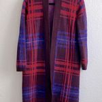 Ann Taylor Cardigan Sweater Plaid Maroon Blue Red Coat Long Medium Petite Photo 4