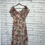 AUW  Floral Midi Dress Women’s Medium Beige Red Short Sleeve Boho Peasant Western Photo 7
