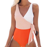 Cupshe -Colorblock One Piece Swimsuit White Orange Pink Tie‎ Bathing Suit Photo 0