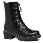 Refresh Black Mid Calf Lace Up Lug Sole Combat Boot Photo 2