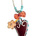 Artisan Glass Heart Pendant Boho Beaded Turquoise Floral Statement Jewelry Red Photo 0