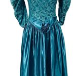 Vintage 80s Lace Satin Fit & Flare Midi Dress Puff Sleeve Rosette Teal Womens 0 Blue Photo 0