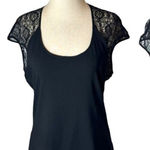 Helmut Lang  Black Puckered Lace Detail Scoop Neck Short Cap Sleeve‎ Top Size M Photo 0