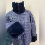 Women's Quilted Navy Puffer Jacket with faux fur winter Blue Size L Photo 1