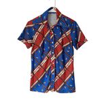 Vintage 70s Disco Equestrian Horse Print Blue Red Button Down Shirt large Photo 0