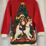 Vtg Casual Corner‎ Red Hand Knit Christmas Sweater Rocking Horse Bear Medium Photo 0
