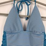 VM Size L Swimsuit One Piece Blue Stripe Ruched Panels Triangle Halter Top Size L Photo 1
