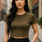 Urban Outfitters Out From Under Womens Olive Green Short Sleeve Ribbed Fitted‎ Crop Top XL NWT Photo 0