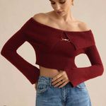 Micas  Burgundy Solid Knit Metallic Off Shoulder Long-Sleeve Sweater Photo 0