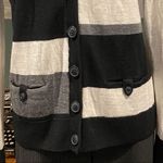 Halogen  Cardigan Sweater Merino Wool Striped Black Gray Cream Large L Photo 3