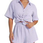 Cotton Linen Button Shirt Shorts Paper Bag Set Tracksuit Size Small NWT #0676VEG Purple Photo 0
