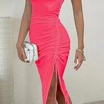 Ruched Midi Bodycon Dress Neon Pink Adjustable Leg Slit Small Photo 0