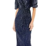 Mac Duggal 5578 Womens Sequined V Neck Short Puff Sleeve Midi Dress Photo 0