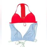 Aerie  Neon Coral Crochet Racerback Triangle & Tassel Plunge bathing suit top Photo 0