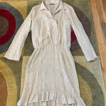 ZARA NWOT  Cream Light Beige Long Sleeve Linen Dress Ruched Collar Women’s Small Photo 0