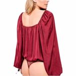 Free People Red Burgendy Wine Flowy Boho Silky Long Sleeve Boho Bodysuit Photo 2