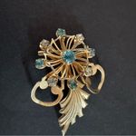 Vintage Brass Gold Tone Blue Rhinestone Flower Floral Brooch Pin Pendant Photo 1