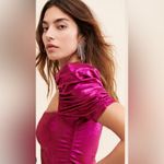 ASTR Metallic Pink Bodycon Dress High Slit Mini/Midi Stretchy Puff Sleeves sz L Photo 3