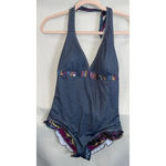 COOGI  Size 16 One Piece Swimsuit Halter Top Denim Style‎ Colorful Ruffles Beach Photo 2
