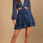 Lulus NEW  Navy Blue Swiss Dot Cutout Mini Dress Long Sleeve V-Neck Womens L Photo 7