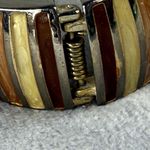 Vintage Hinged Clamper Bangle Bracelet Multicolor Inlay Metal Earth Tone Colors Brown Photo 2