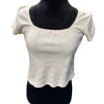 Just Polly cropped white shirt with bow pattern throughout and pink bow‎ Size L Photo 0