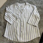 cupio   Women's Medium Blue Striped V Neck Button Up Front Pocket Linen Blend Top Photo 15