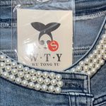 Denim Jacket with Lace and Pearl Details Blue Photo 5